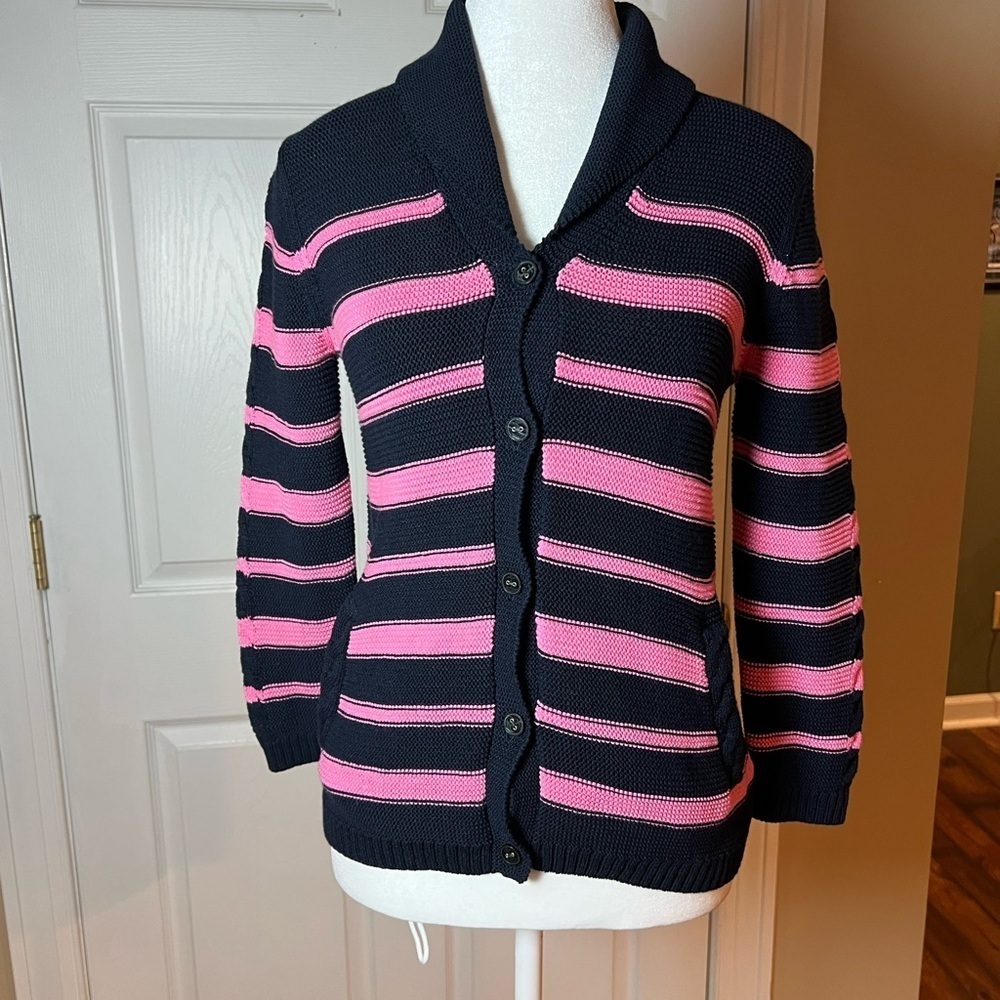 Talbots Women's Cardigan Sweater Size XS Striped Navy Nautical 3/4 Sleeve Cotton